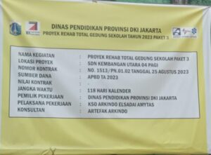 Papan proyek izin pembangunan SD/SMP Sekolah Terpadu, tidak mencantumkan bersaran anggaran APBD yang di keluarkan Dinas Pendidikan DKI Jakarta.