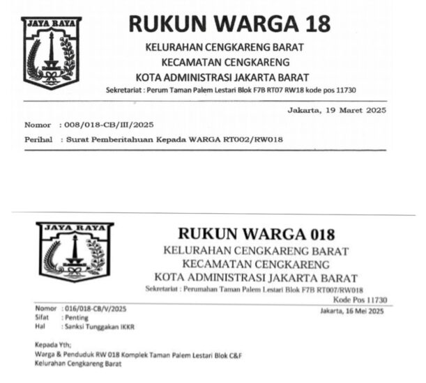 Dua Surat yang dikeluarkan oleh pengurus RW18 Cengkareng Barat.