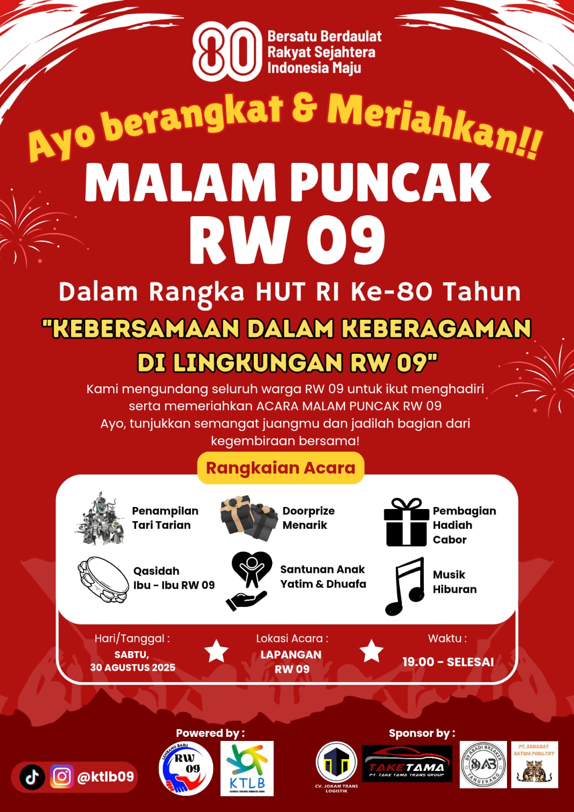 Malam puncak peringatan HUT ke-80 Republik Indonesia di RW 09 Kelurahan Sudimara Barat, Kecamatan Ciledug, Kota Tangerang berlangsung meriah pada Sabtu (30/8/2025) malam.