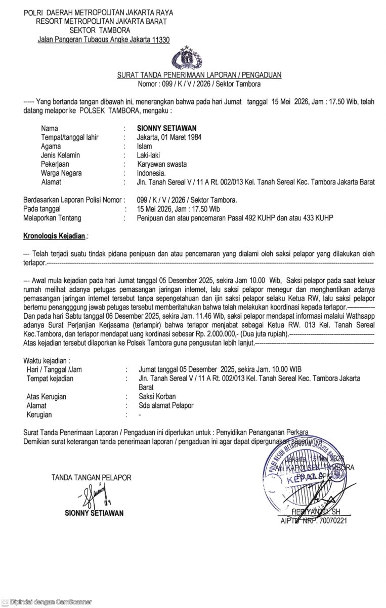 Laporan kepolisian tercatat dengan Nomor: LP/B/099/V/2026/Sektor Tambora/Polres Metro Jakarta Barat/PMJ tertanggal 15 Mei 2026.